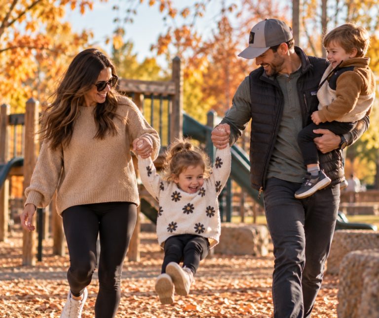 Family with young children walking in a park on an autumn day